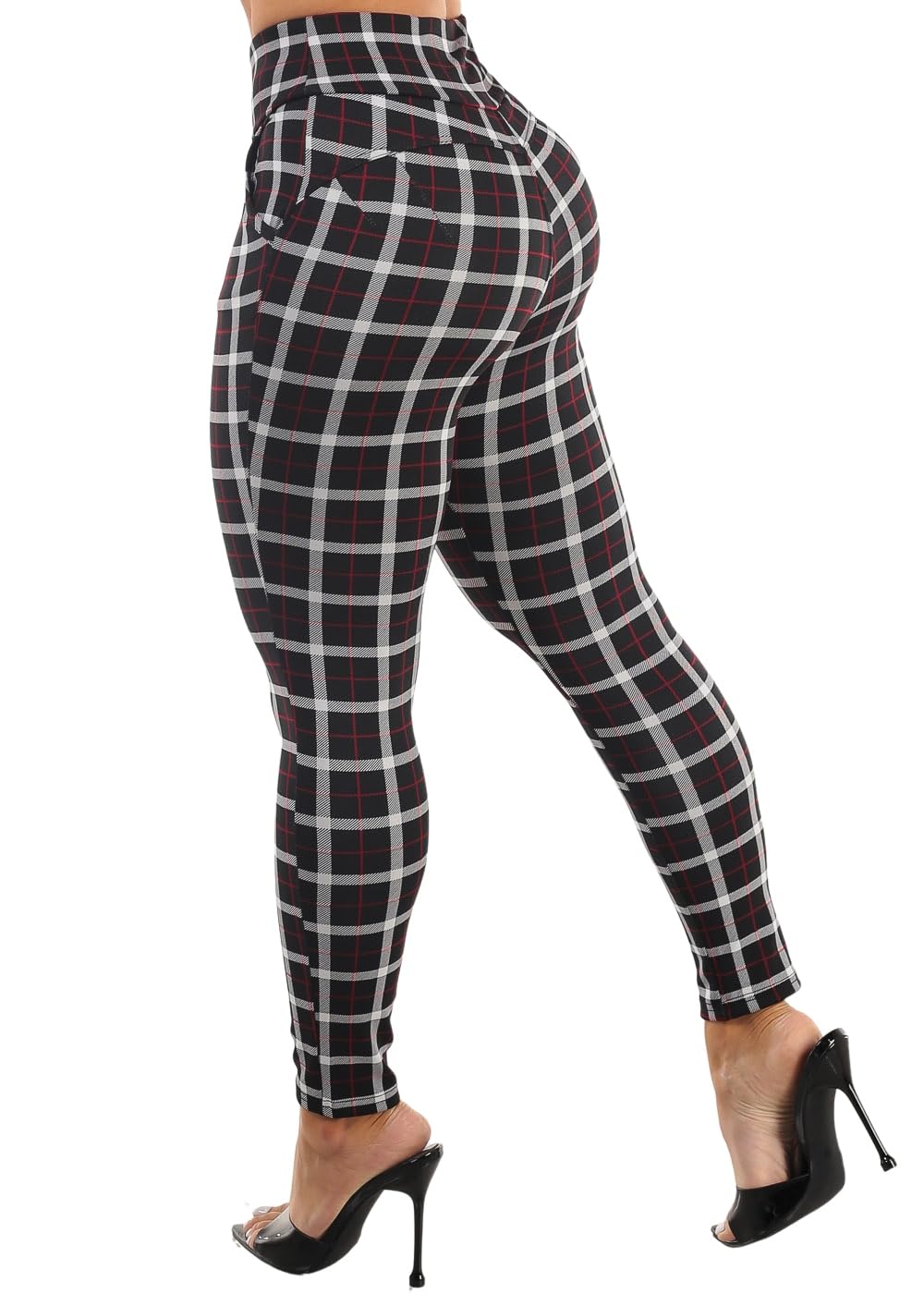 Moda Xpress Women's Juniors High Waist Pull On Stretchy Butt Lifting Black, Plaid, Printed Skinny Pants 10596R