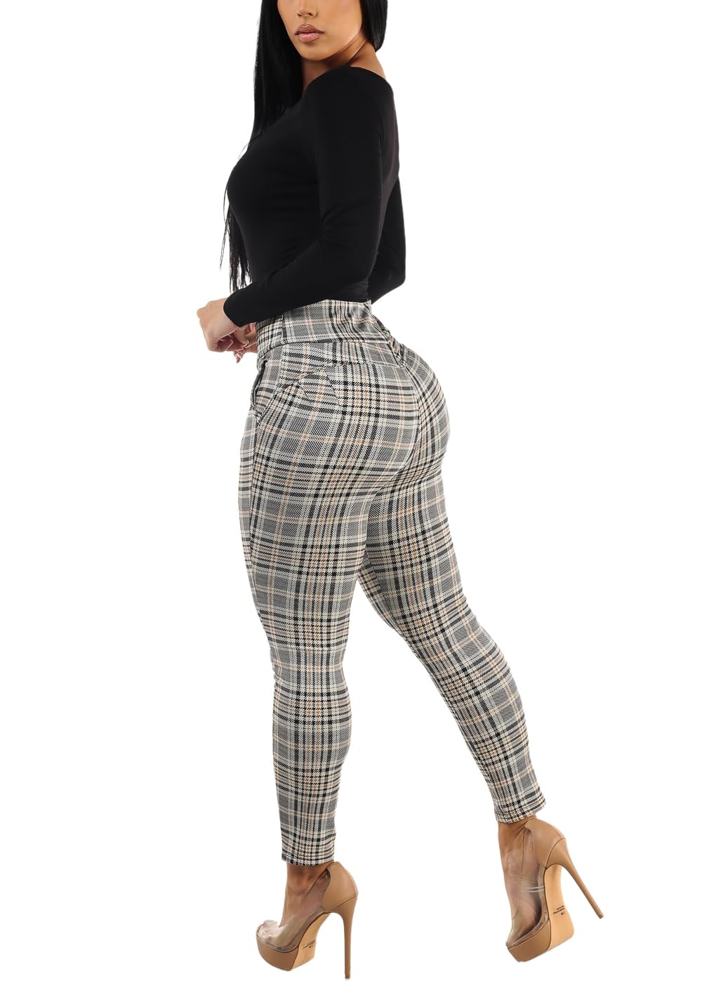 Moda Xpress Women's Juniors High Waist Pull On Stretchy Butt Lifting Black, Plaid, Printed Skinny Pants 10596R