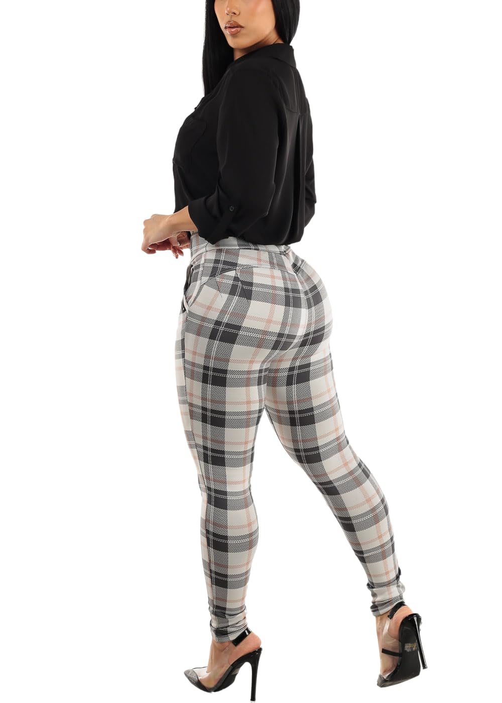 Moda Xpress Women's Juniors High Waist Pull On Stretchy Butt Lifting Black, Plaid, Printed Skinny Pants 10596R