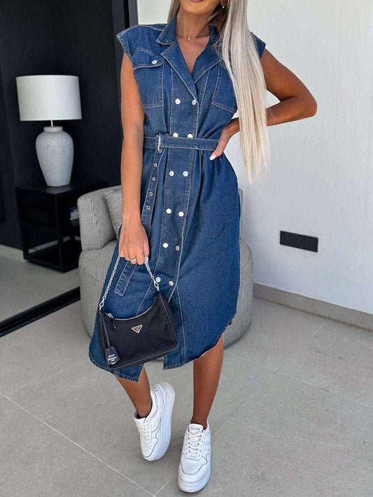collared-neck-cap-sleeve-denim-dress