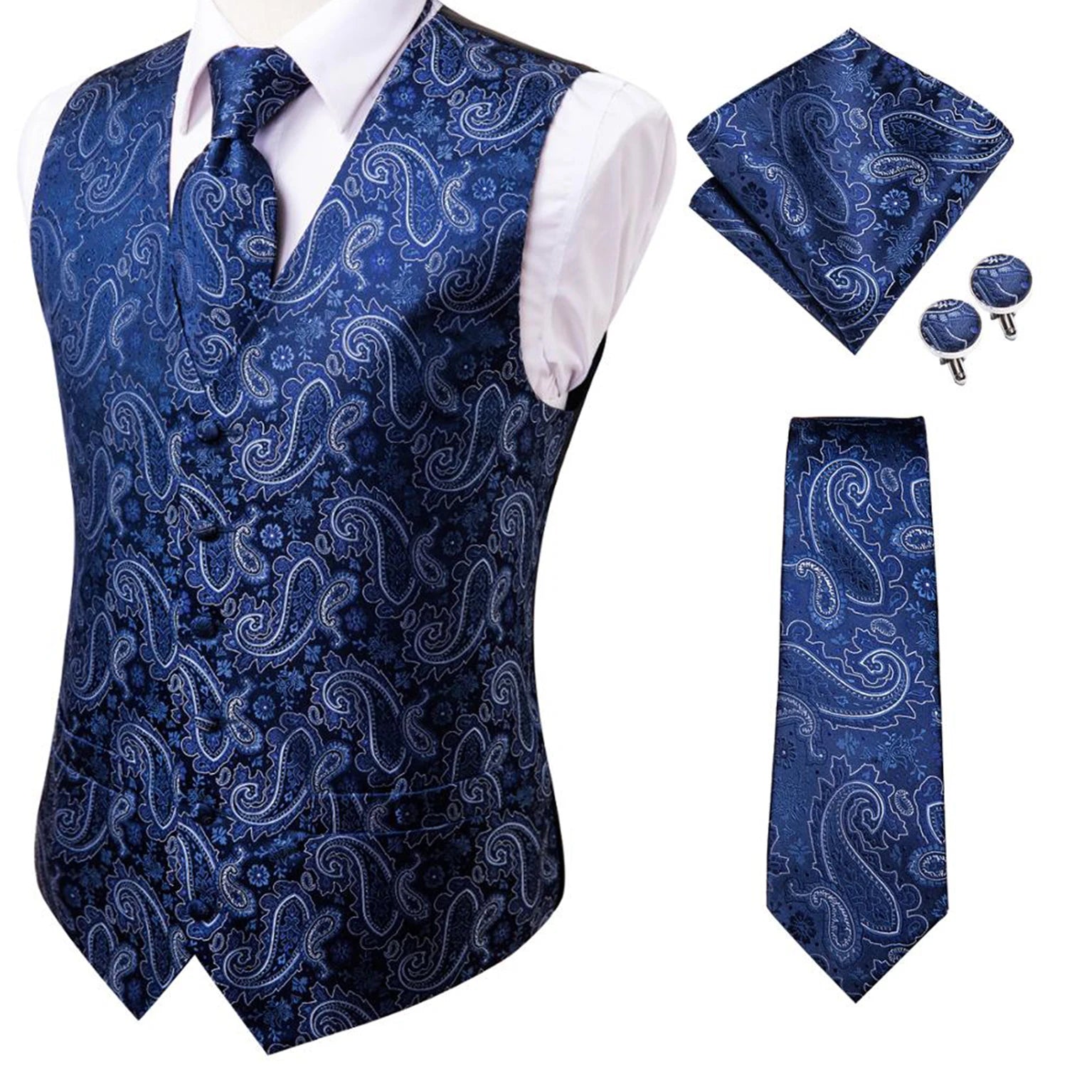 Hi-Tie 20 Color Silk Men's Vests Tie Business Formal Dress Slim Sleeveless Jacket 4PC Hanky Cufflink Blue Paisley Suit Waistcoat