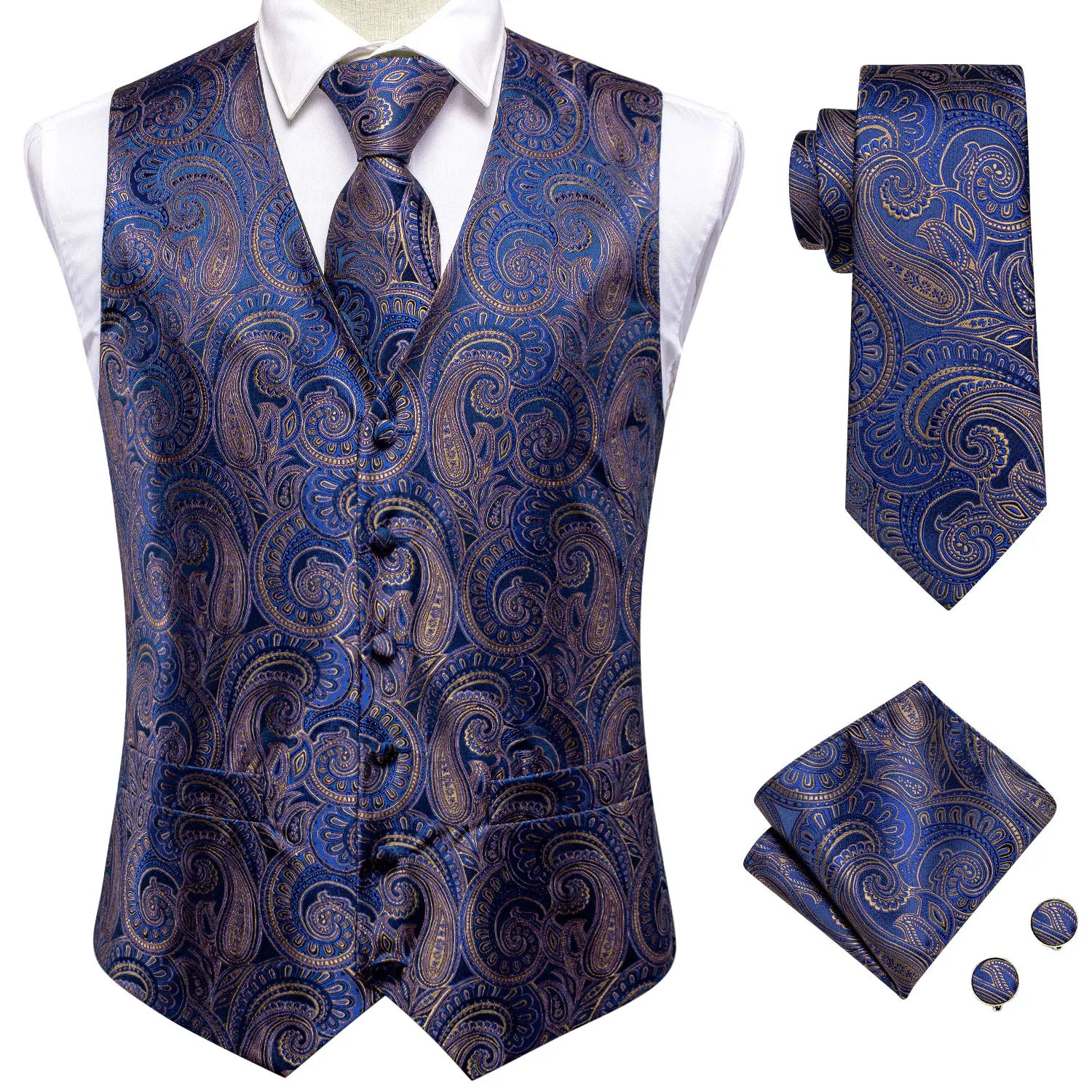 Hi-Tie 20 Color Silk Men's Vests Tie Business Formal Dress Slim Sleeveless Jacket 4PC Hanky Cufflink Blue Paisley Suit Waistcoat