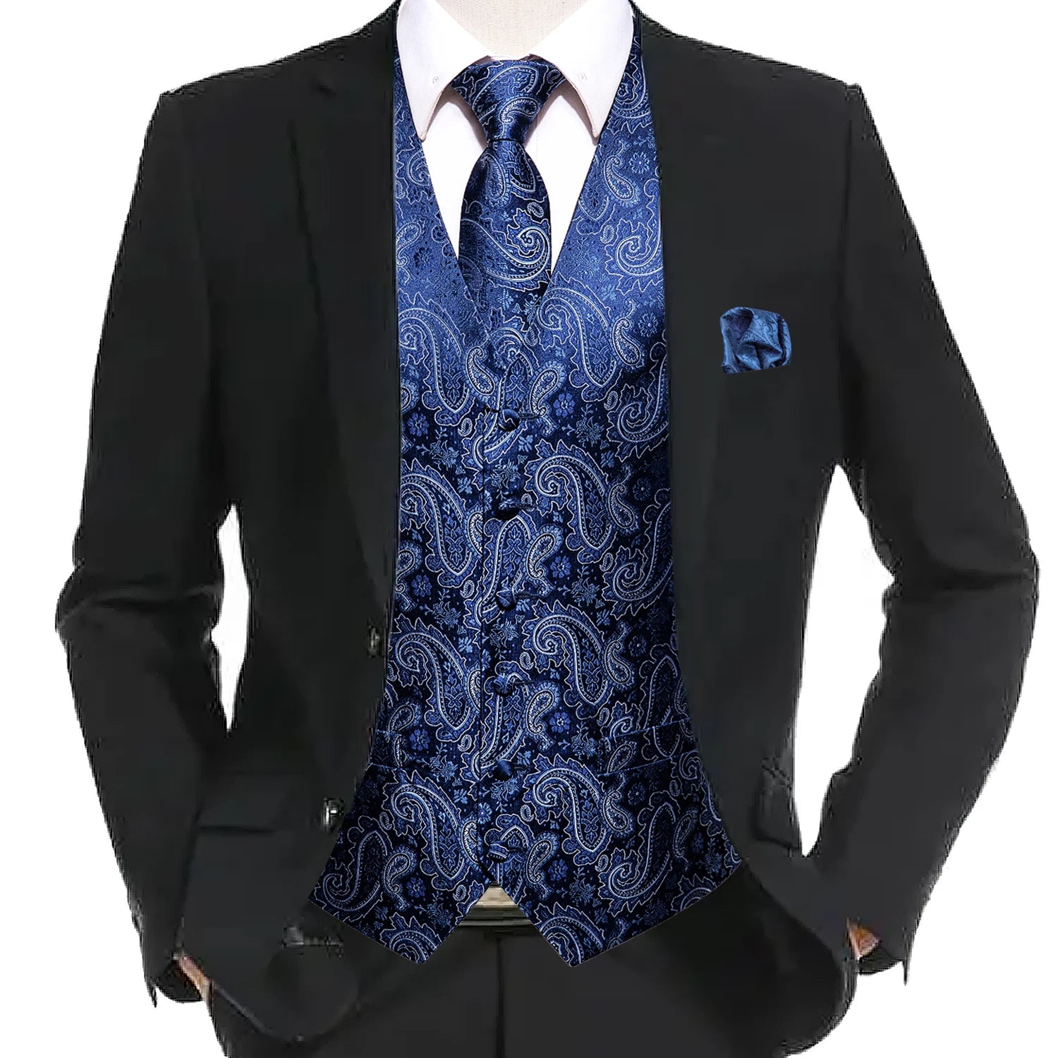 Hi-Tie 20 Color Silk Men's Vests Tie Business Formal Dress Slim Sleeveless Jacket 4PC Hanky Cufflink Blue Paisley Suit Waistcoat