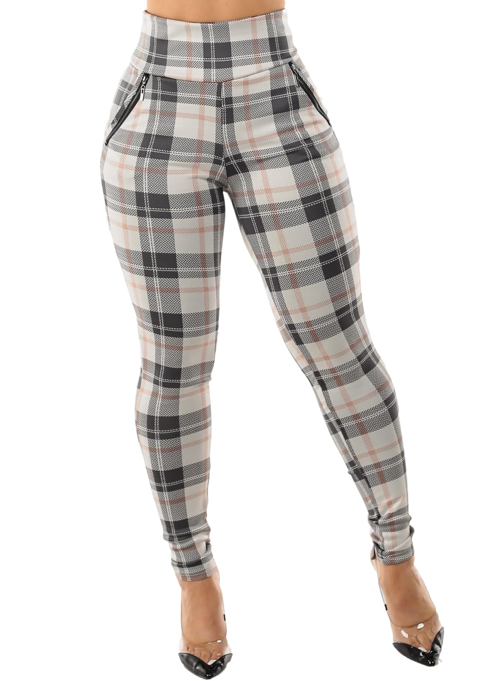 Moda Xpress Women's Juniors High Waist Pull On Stretchy Butt Lifting Black, Plaid, Printed Skinny Pants 10596R