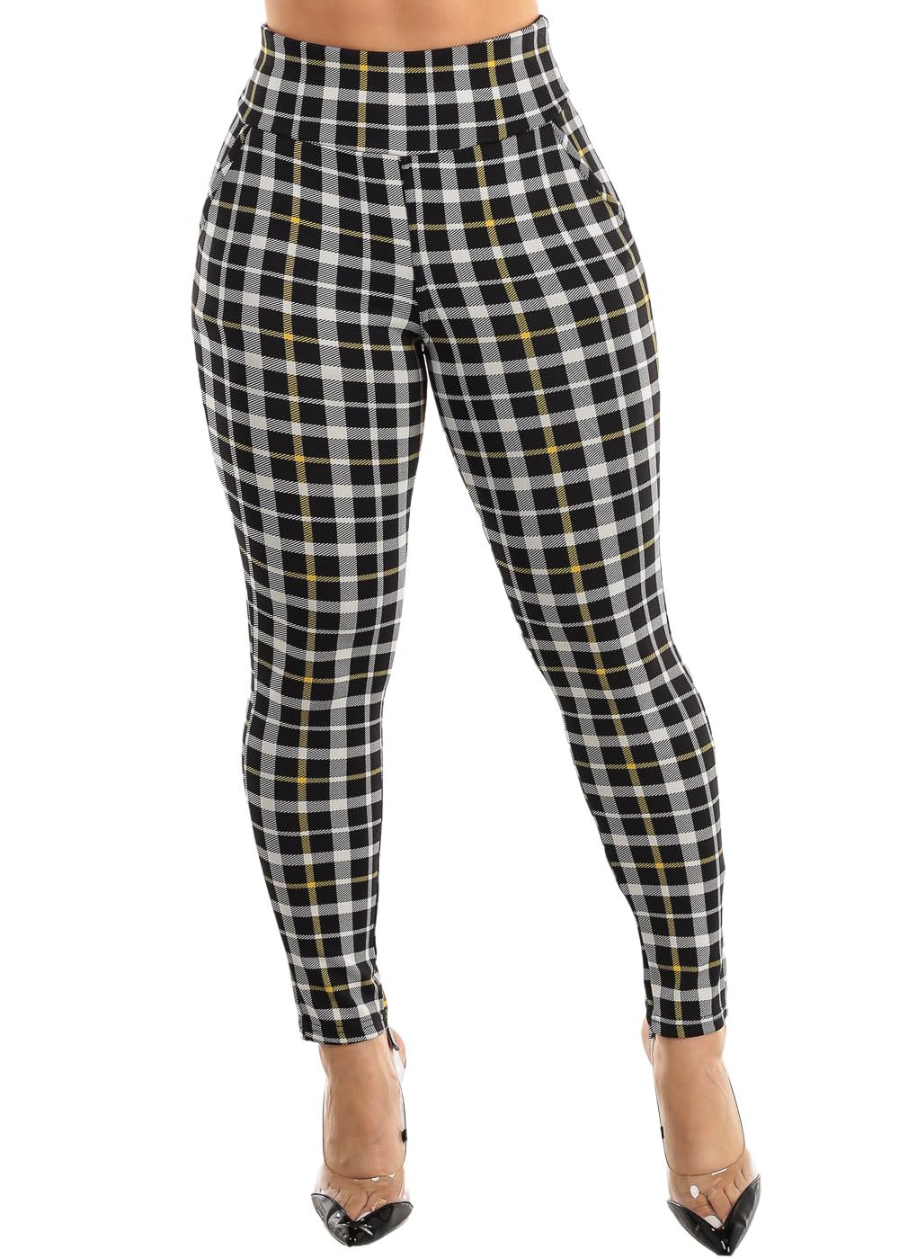 Moda Xpress Women's Juniors High Waist Pull On Stretchy Butt Lifting Black, Plaid, Printed Skinny Pants 10596R