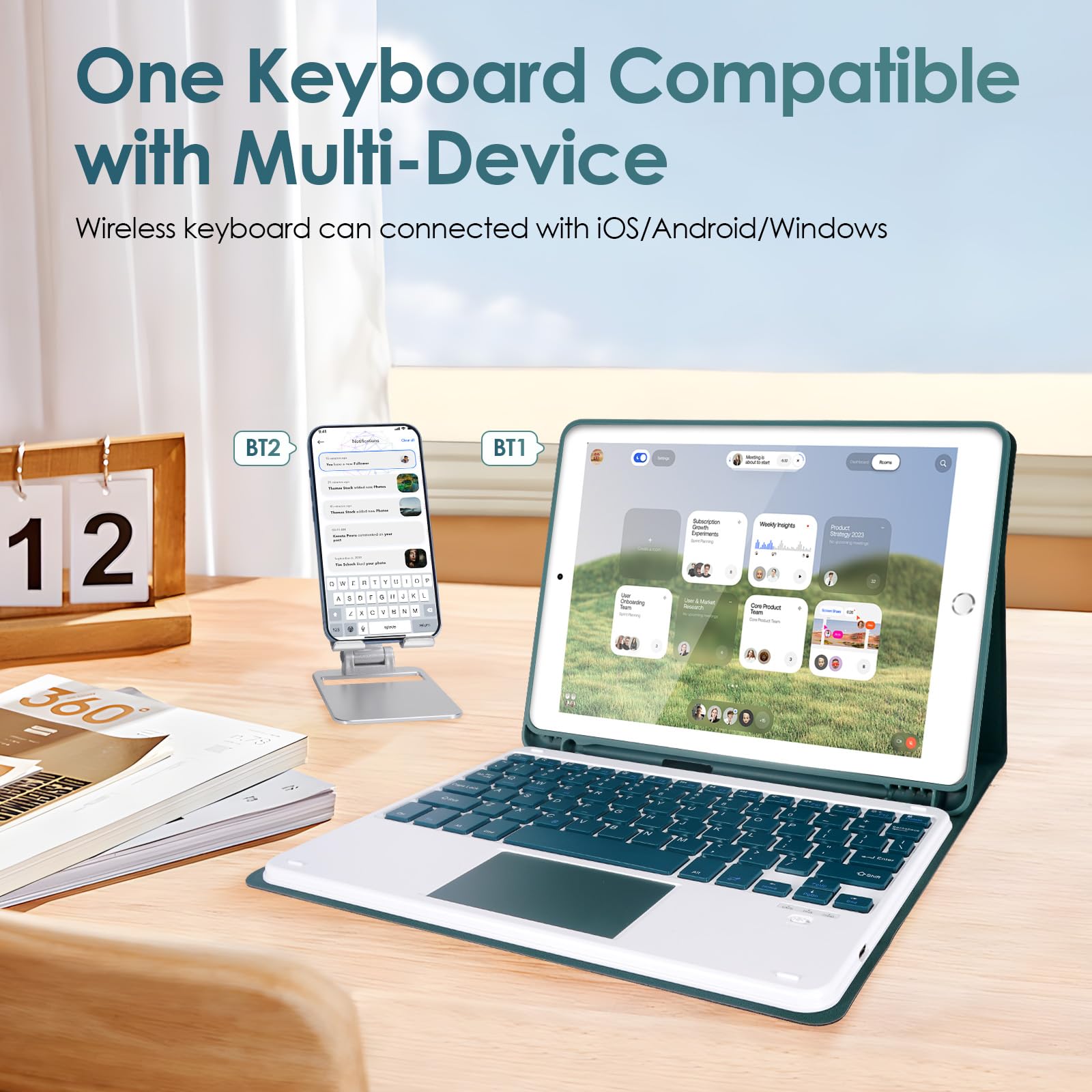 LAMA Wireless Keyboard Case with Mouse for iPad 10.2" 9th 8th 7th Generation, Detachable Bluetooth Keyboard with Pencil Holder for iPad 10.2 Inch/iPad Air 10.5"(3rd Gen)/iPad Pro 10.5 in, Dark Green