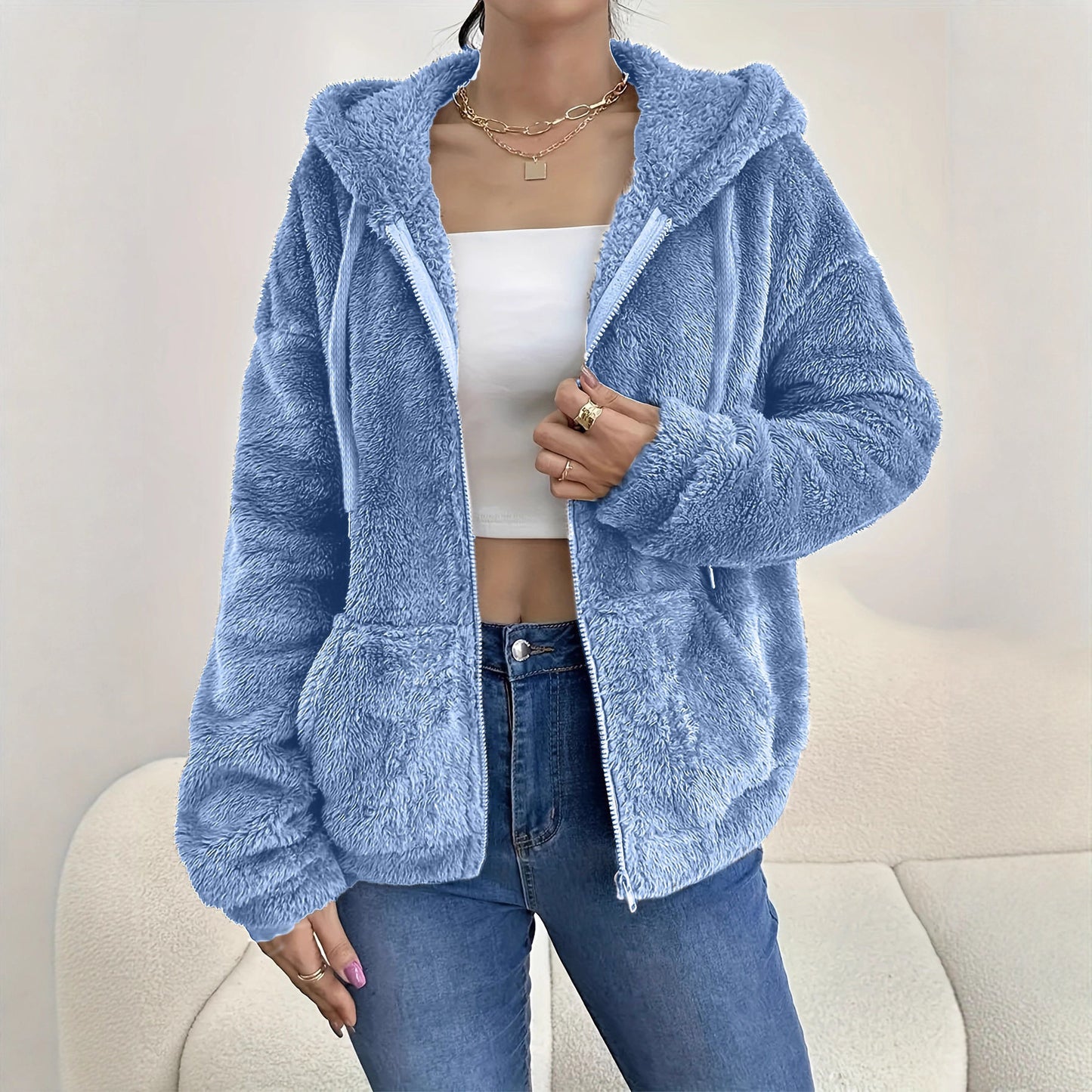 Zipper And Plush Cozy Loose Hoodie