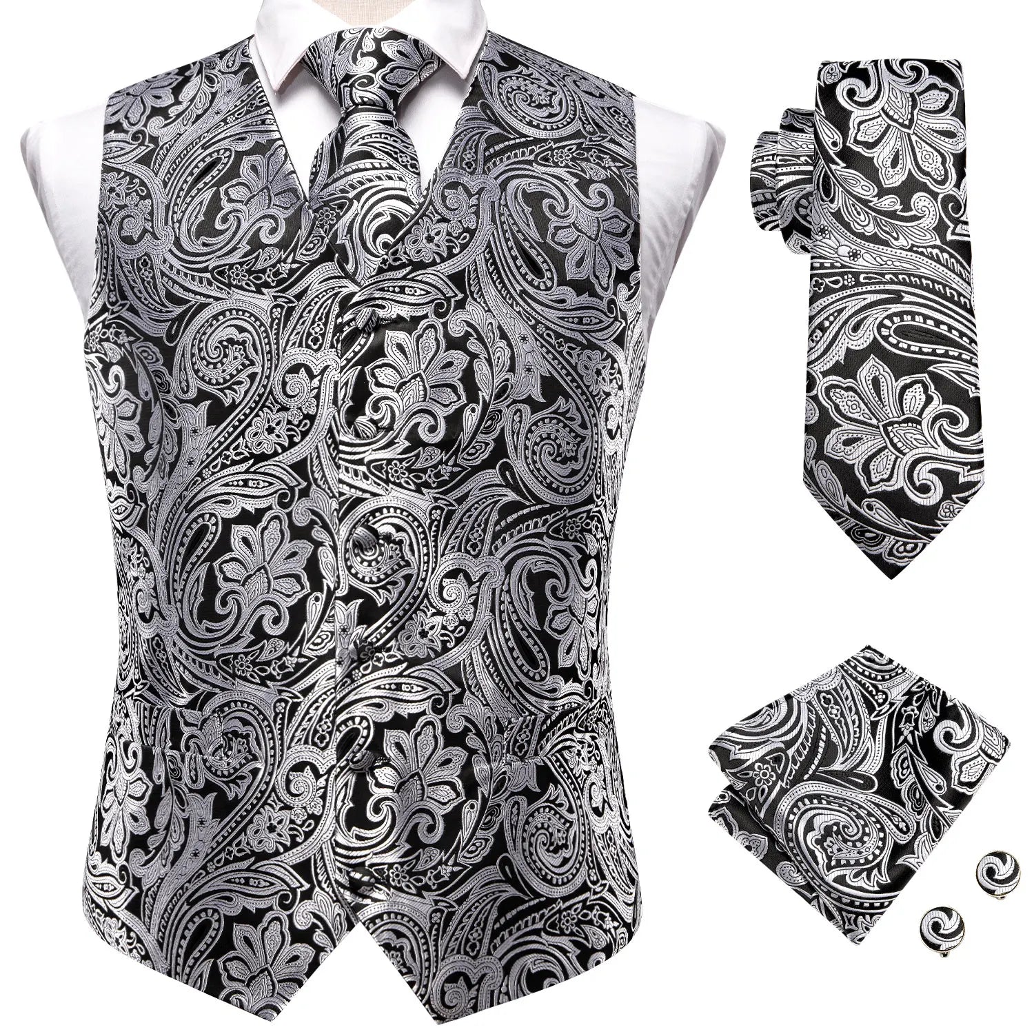 Hi-Tie 20 Color Silk Men's Vests Tie Business Formal Dress Slim Sleeveless Jacket 4PC Hanky Cufflink Blue Paisley Suit Waistcoat