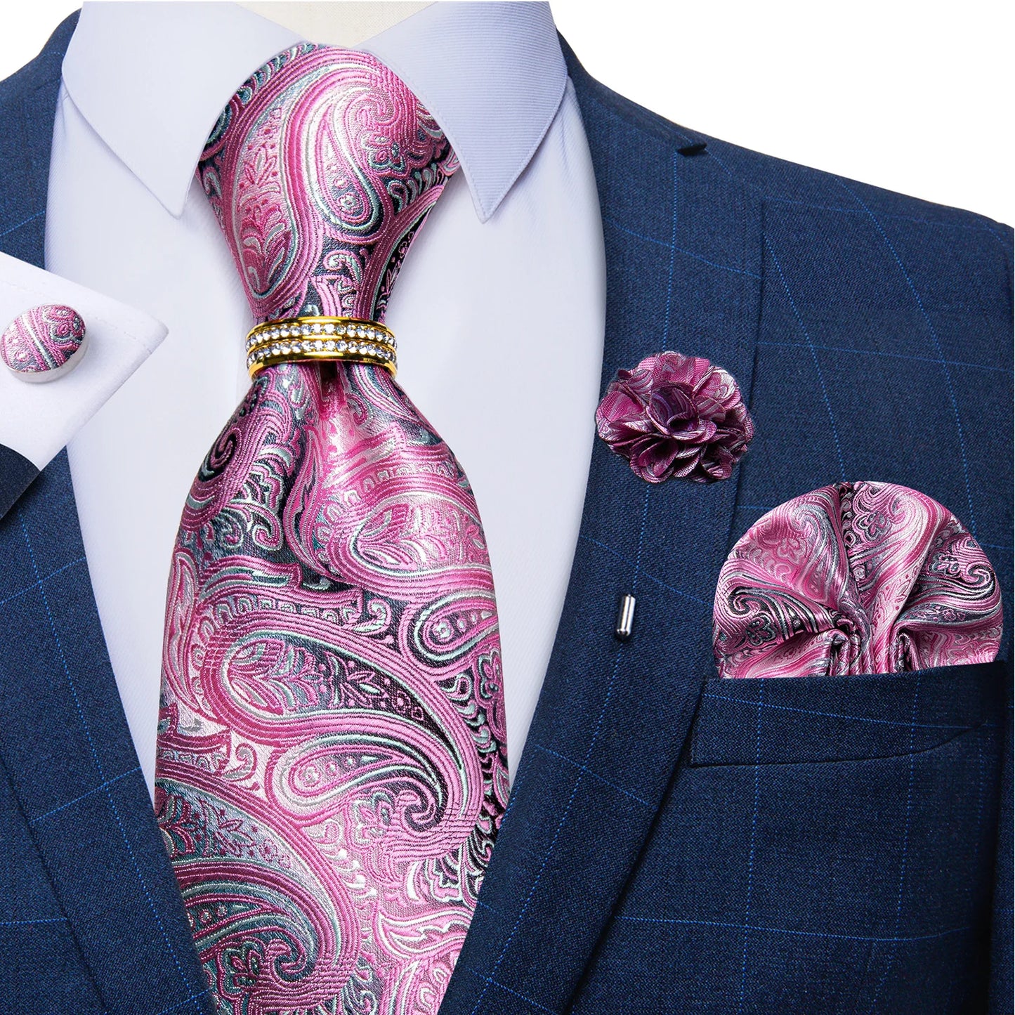 New Designer Blue Red Paisley Ties For Men Wedding Party Neck Tie Luxury Tie Ring Brooch 100% Silk Tie Set Gift For Men DiBanGu