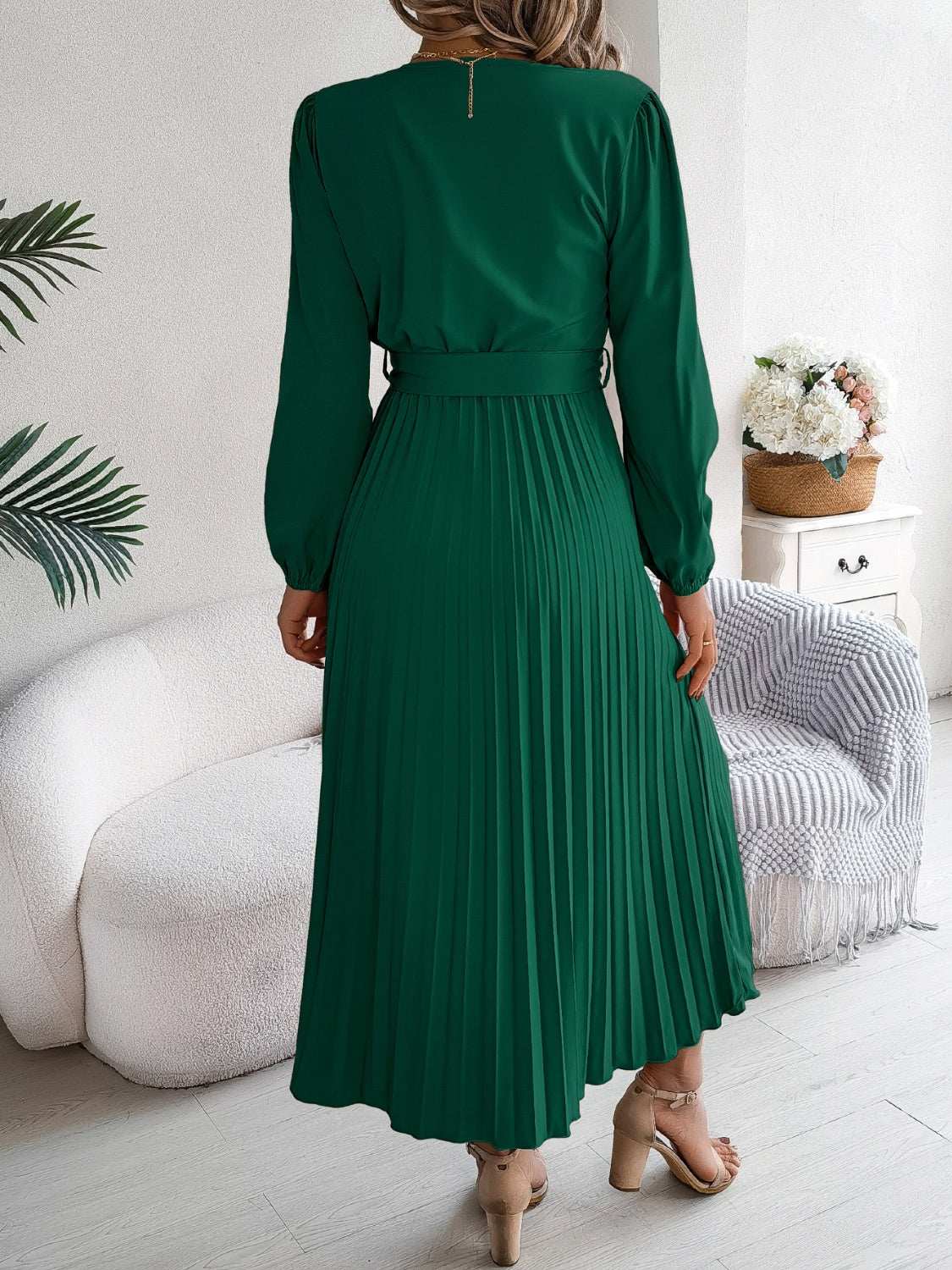 pleated-tied-v-neck-long-sleeve-dress