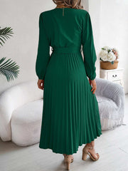 pleated-tied-v-neck-long-sleeve-dress