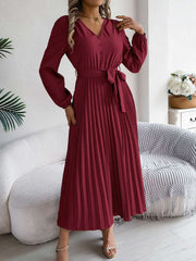 pleated-tied-v-neck-long-sleeve-dress