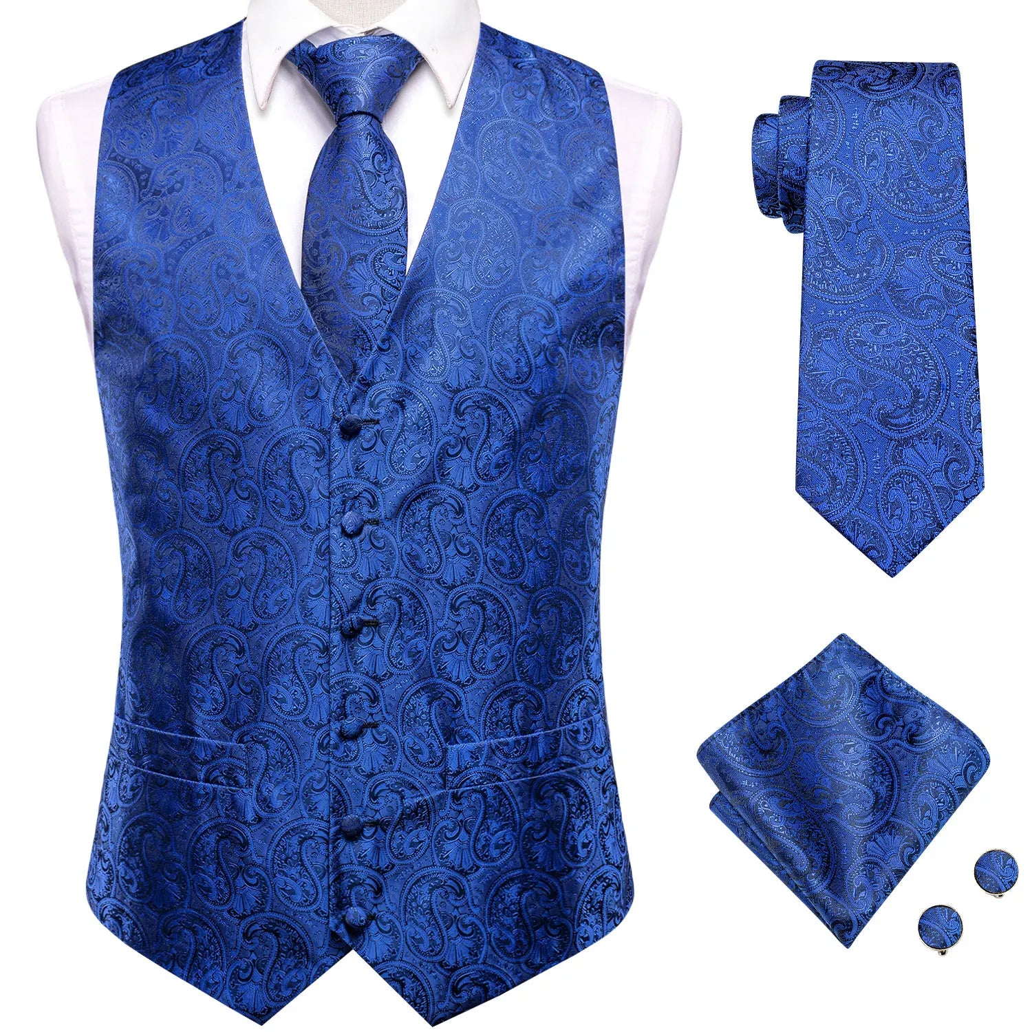 Hi-Tie 20 Color Silk Men's Vests Tie Business Formal Dress Slim Sleeveless Jacket 4PC Hanky Cufflink Blue Paisley Suit Waistcoat