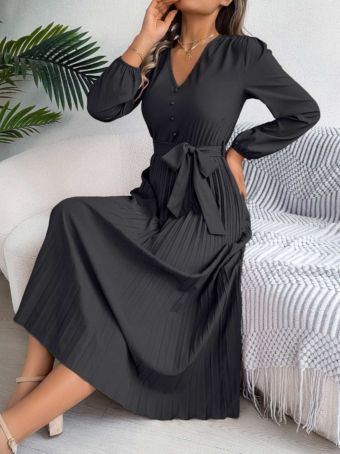 pleated-tied-v-neck-long-sleeve-dress