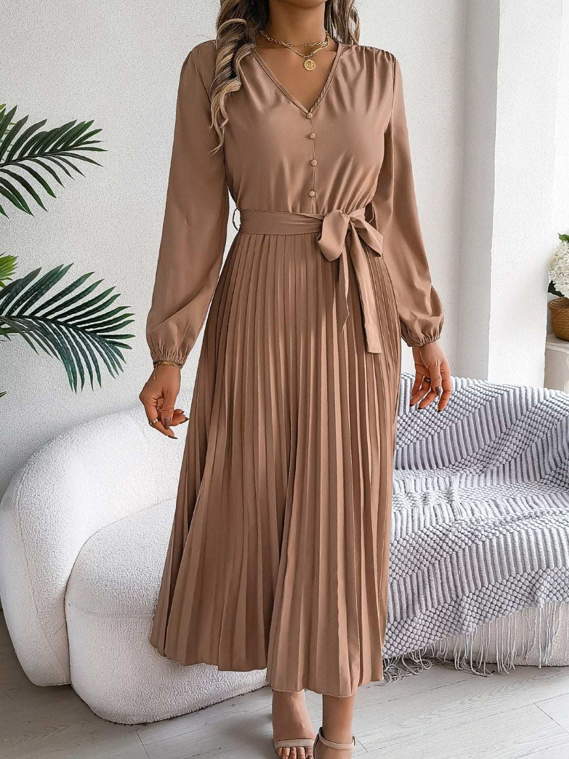pleated-tied-v-neck-long-sleeve-dress