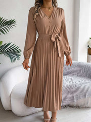 pleated-tied-v-neck-long-sleeve-dress