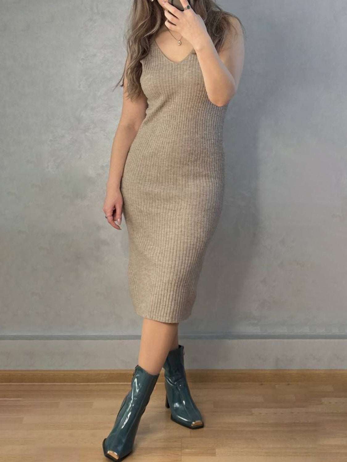v-neck-cami-dress-and-open-front-cardigan-sweater-set