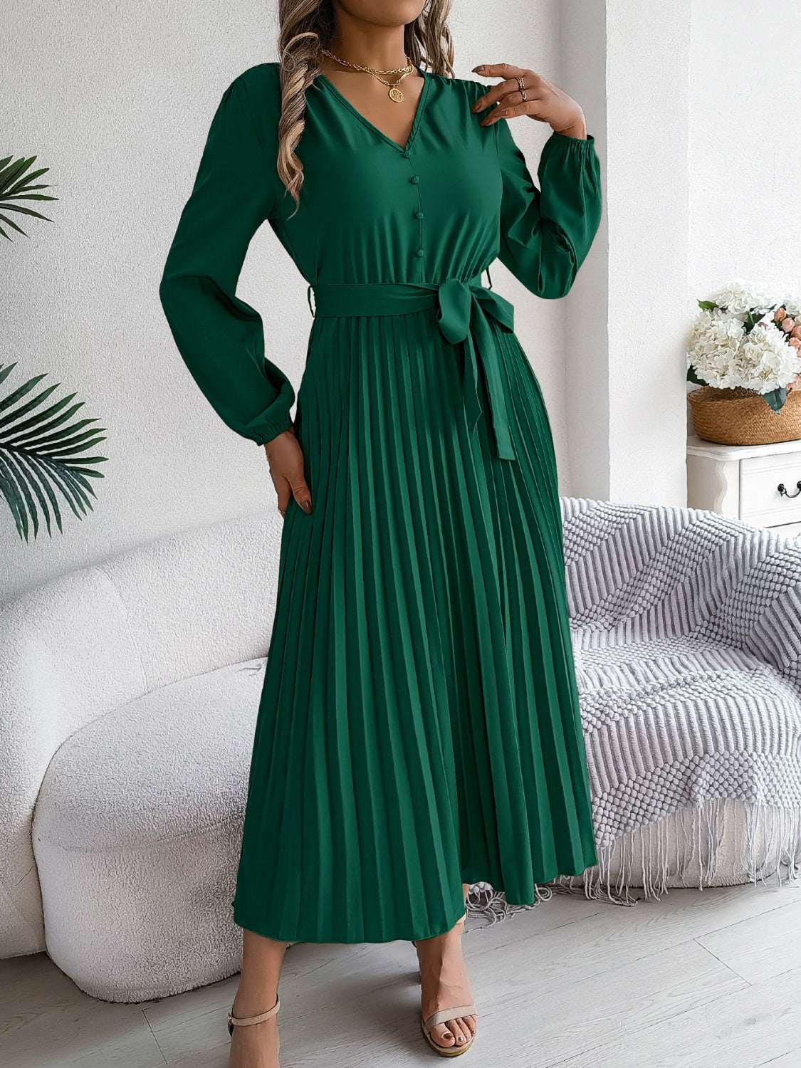 pleated-tied-v-neck-long-sleeve-dress
