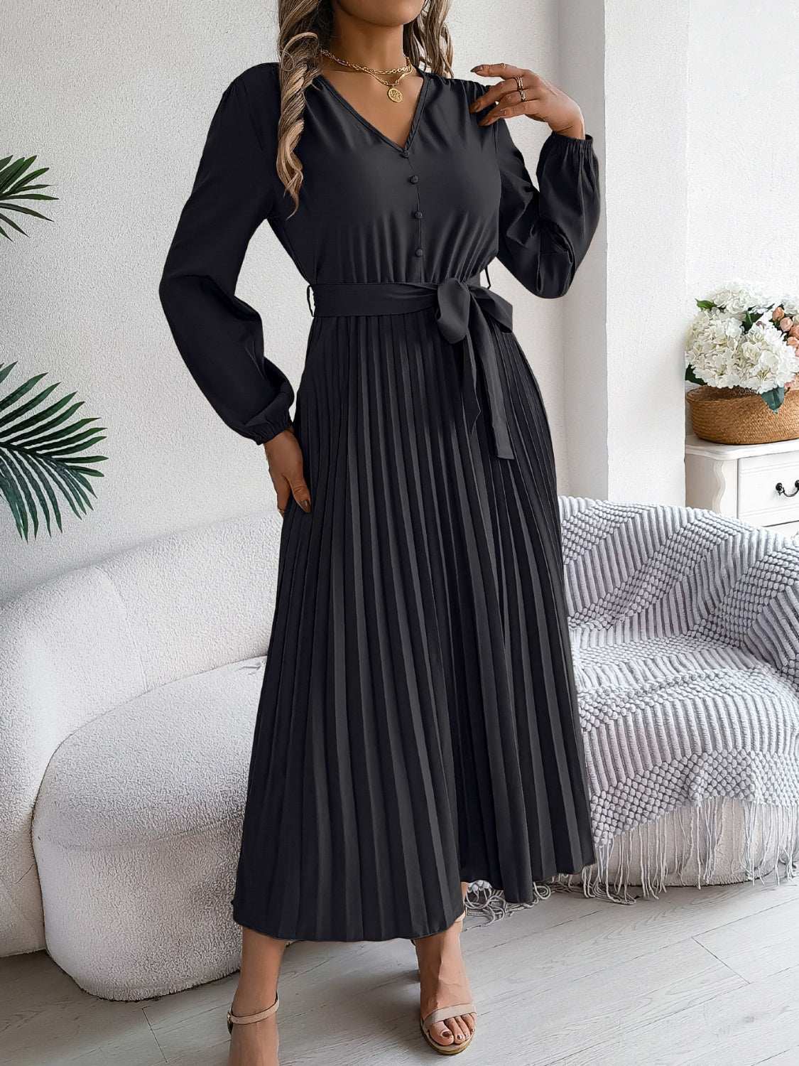 pleated-tied-v-neck-long-sleeve-dress