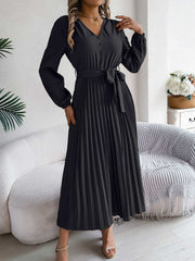 pleated-tied-v-neck-long-sleeve-dress