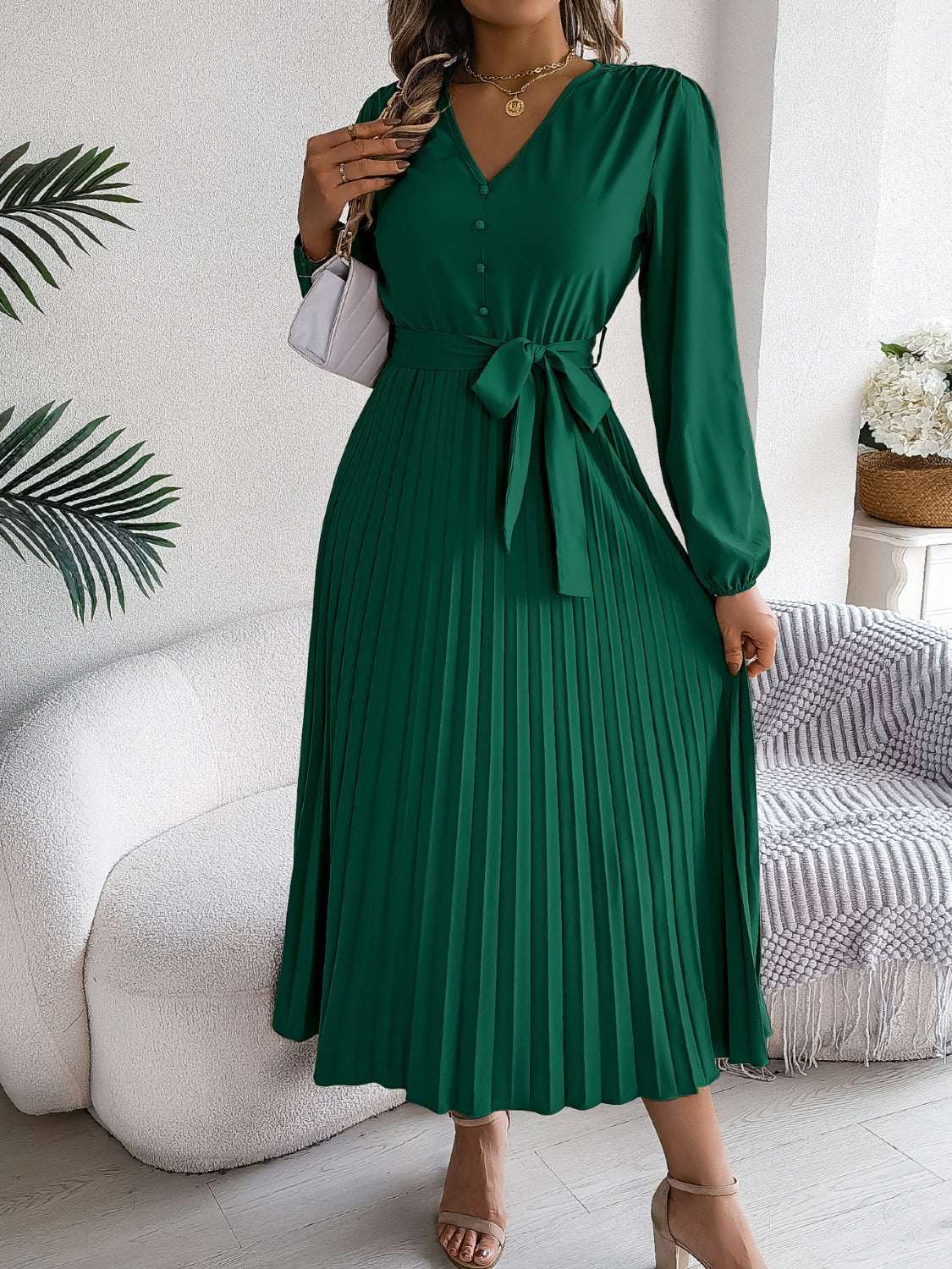 pleated-tied-v-neck-long-sleeve-dress