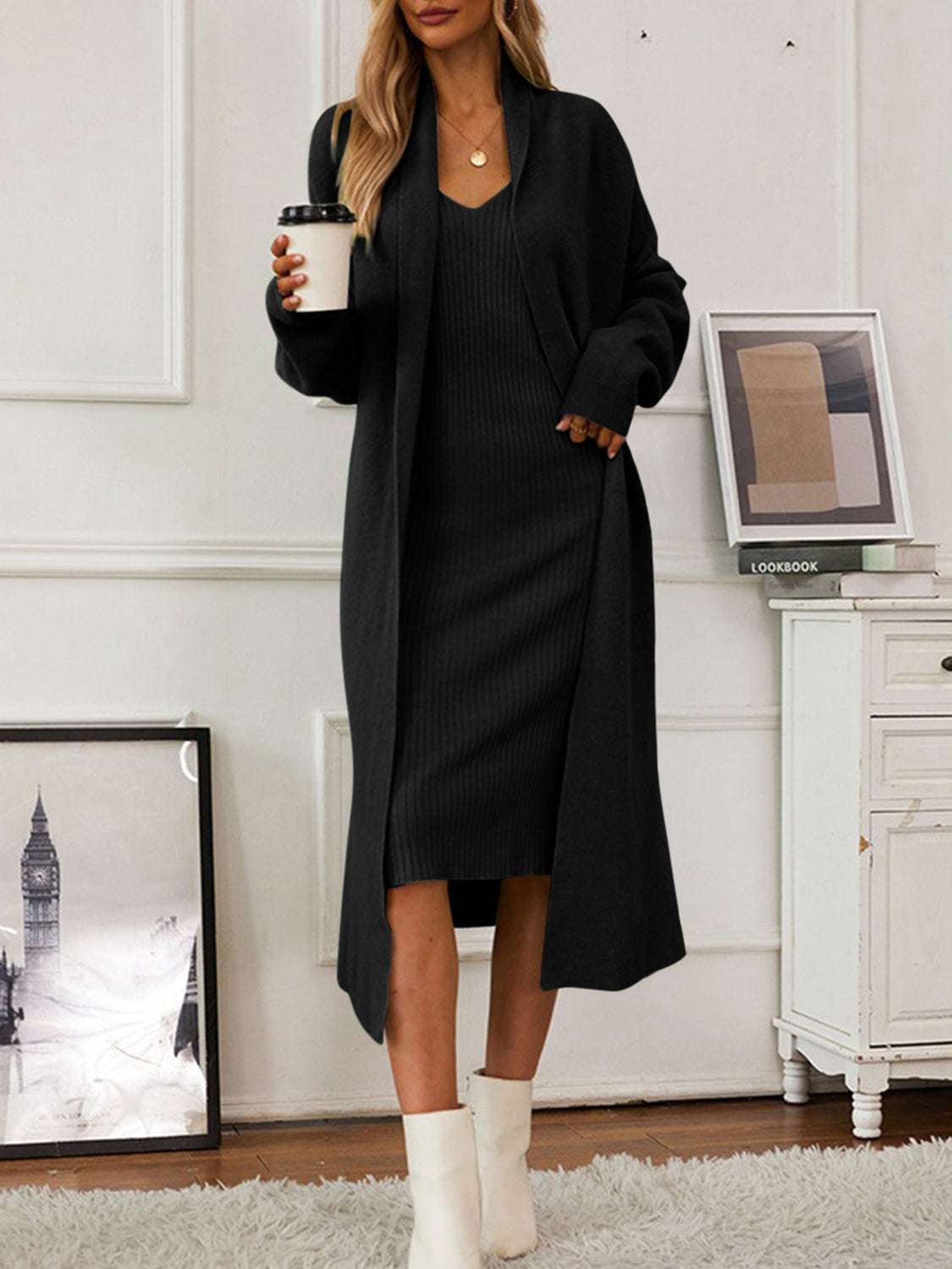v-neck-cami-dress-and-open-front-cardigan-sweater-set