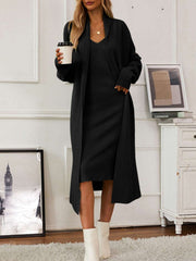 v-neck-cami-dress-and-open-front-cardigan-sweater-set