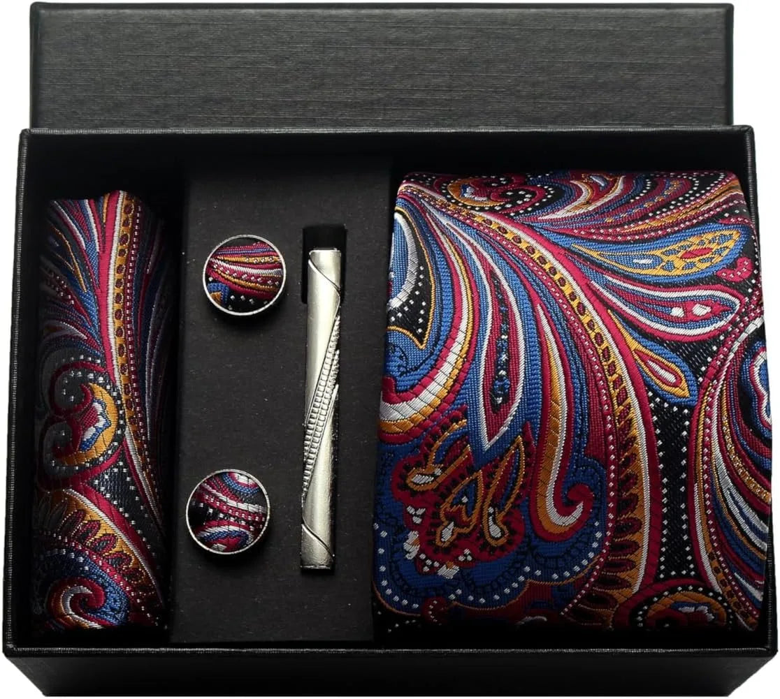 100% Silk Necktie Paisley Floral Mens Tie Top Quality Business Tie Pocket Square Tie Clip Cufflinks Set Classic For Men Gift Box