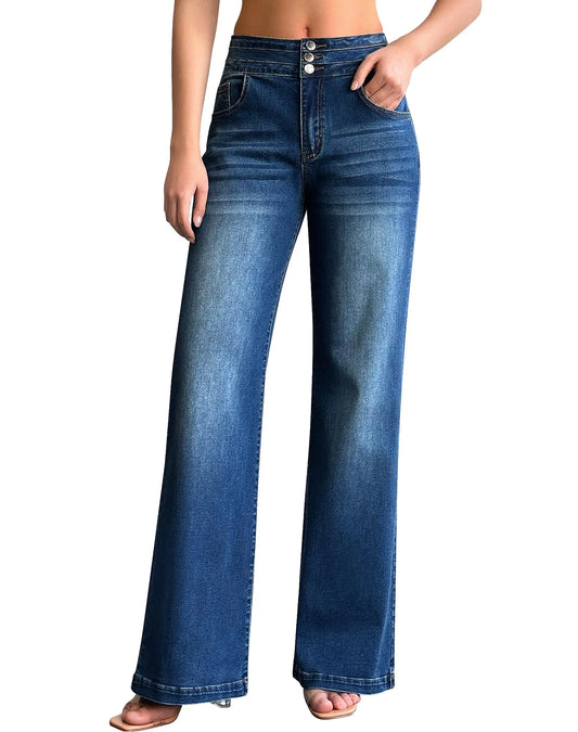 roswear Women's Wide Leg Jeans Casual High Waisted Stretch Baggy Loose Denim Pants X-Large Blue