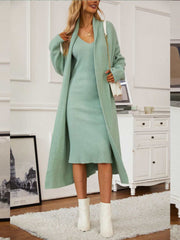 v-neck-cami-dress-and-open-front-cardigan-sweater-set