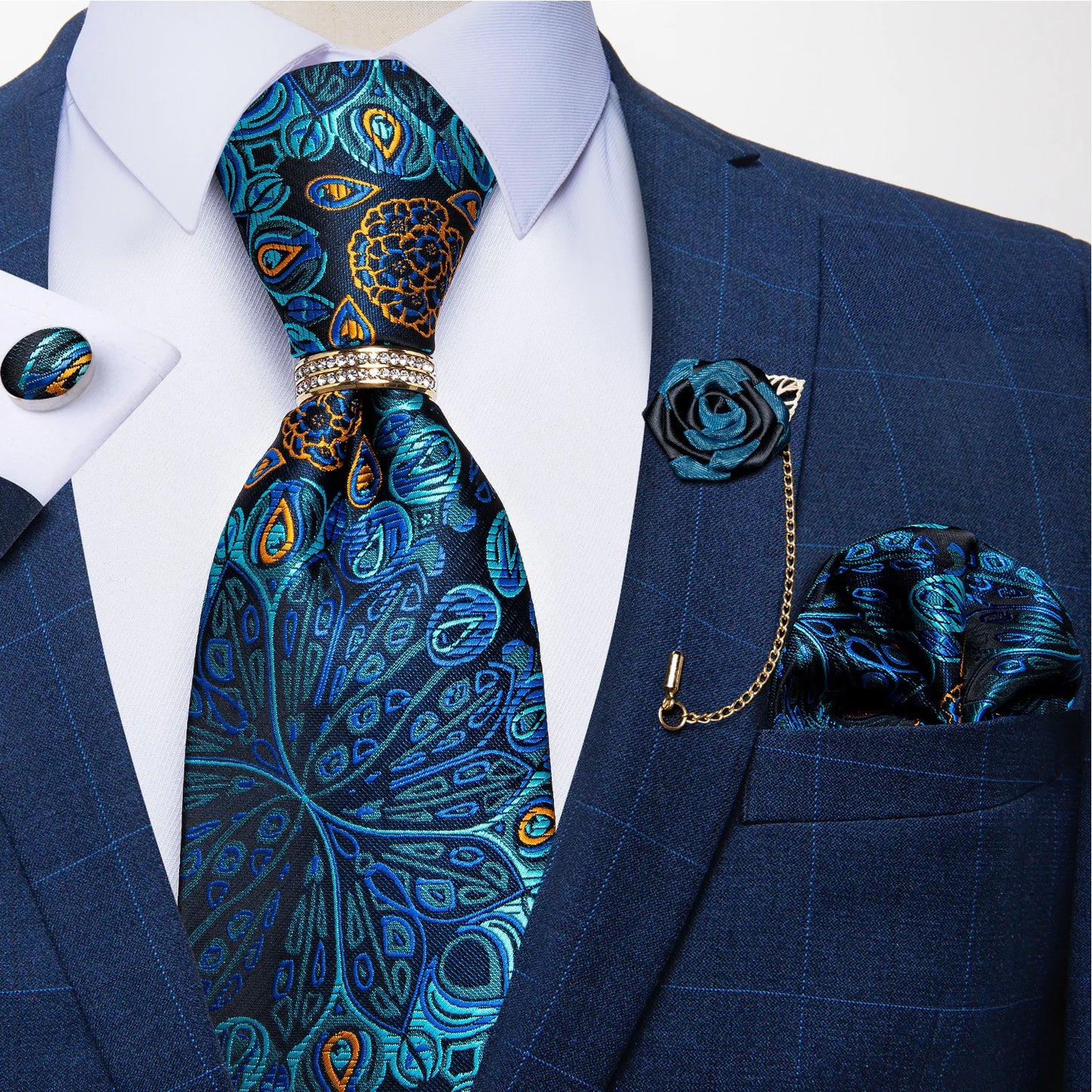 New Designer Blue Red Paisley Ties For Men Wedding Party Neck Tie Luxury Tie Ring Brooch 100% Silk Tie Set Gift For Men DiBanGu