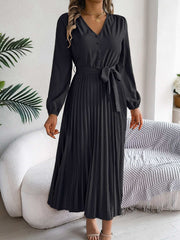pleated-tied-v-neck-long-sleeve-dress