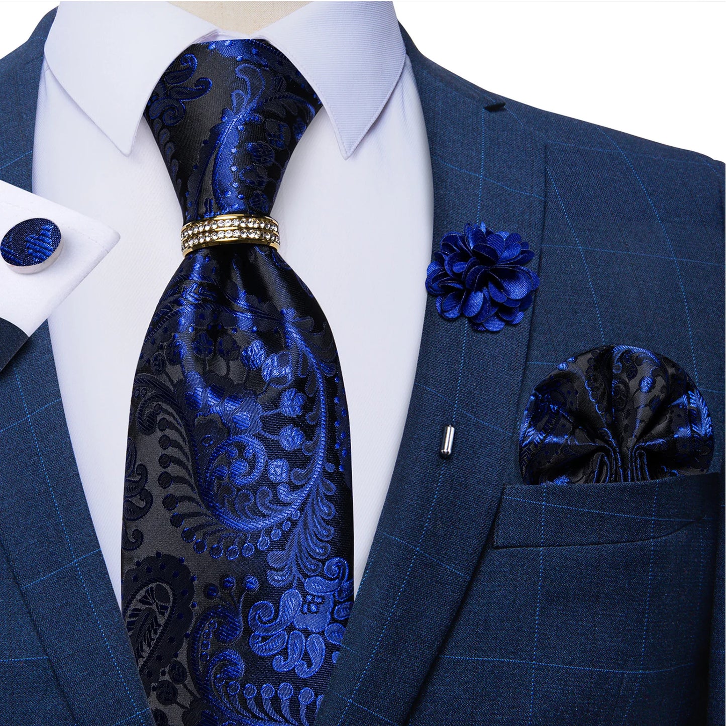 New Designer Blue Red Paisley Ties For Men Wedding Party Neck Tie Luxury Tie Ring Brooch 100% Silk Tie Set Gift For Men DiBanGu