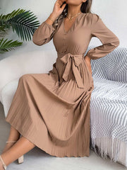 pleated-tied-v-neck-long-sleeve-dress