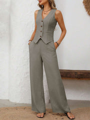 v-neck-button-down-vest-and-wide-leg-pants-set