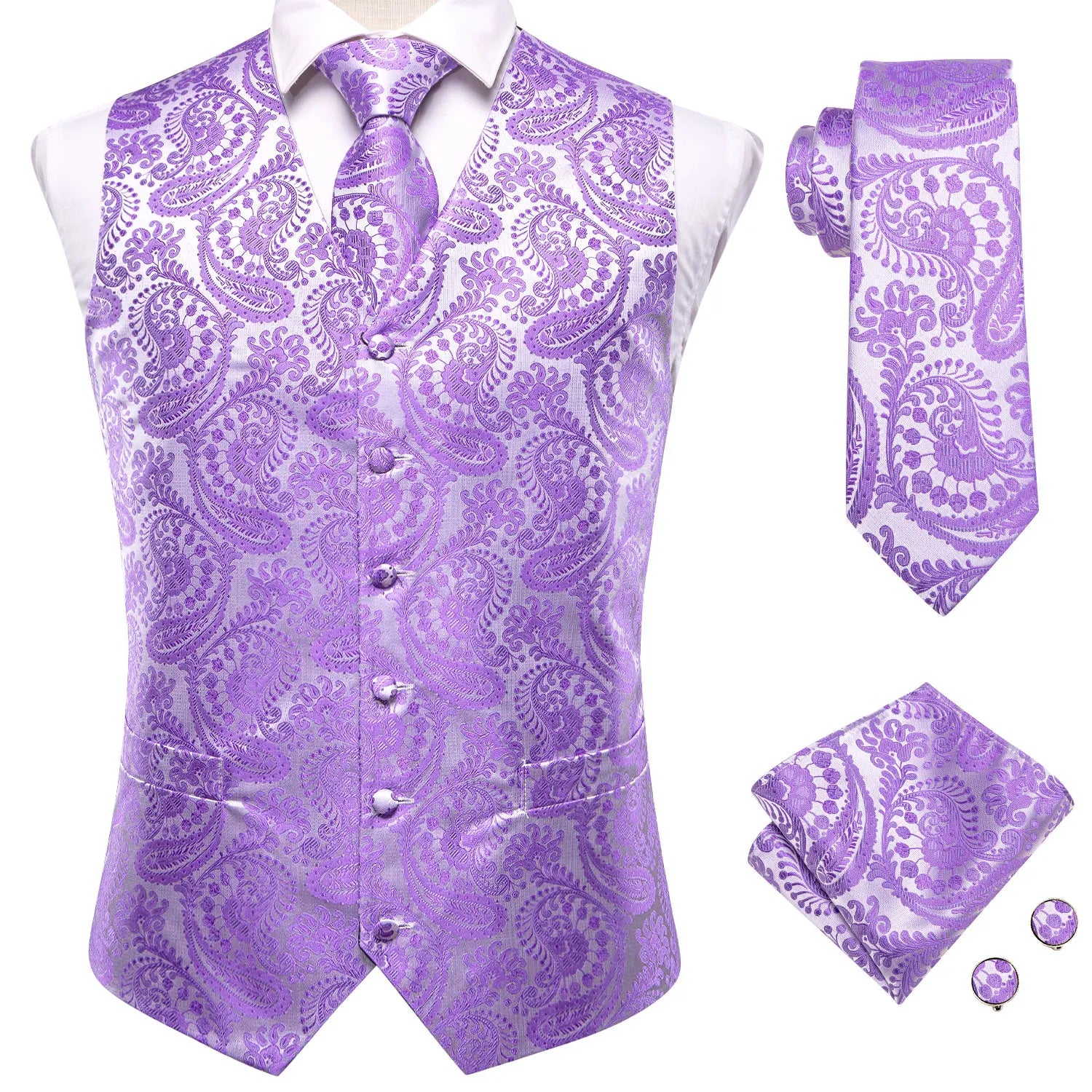 Hi-Tie 20 Color Silk Men's Vests Tie Business Formal Dress Slim Sleeveless Jacket 4PC Hanky Cufflink Blue Paisley Suit Waistcoat