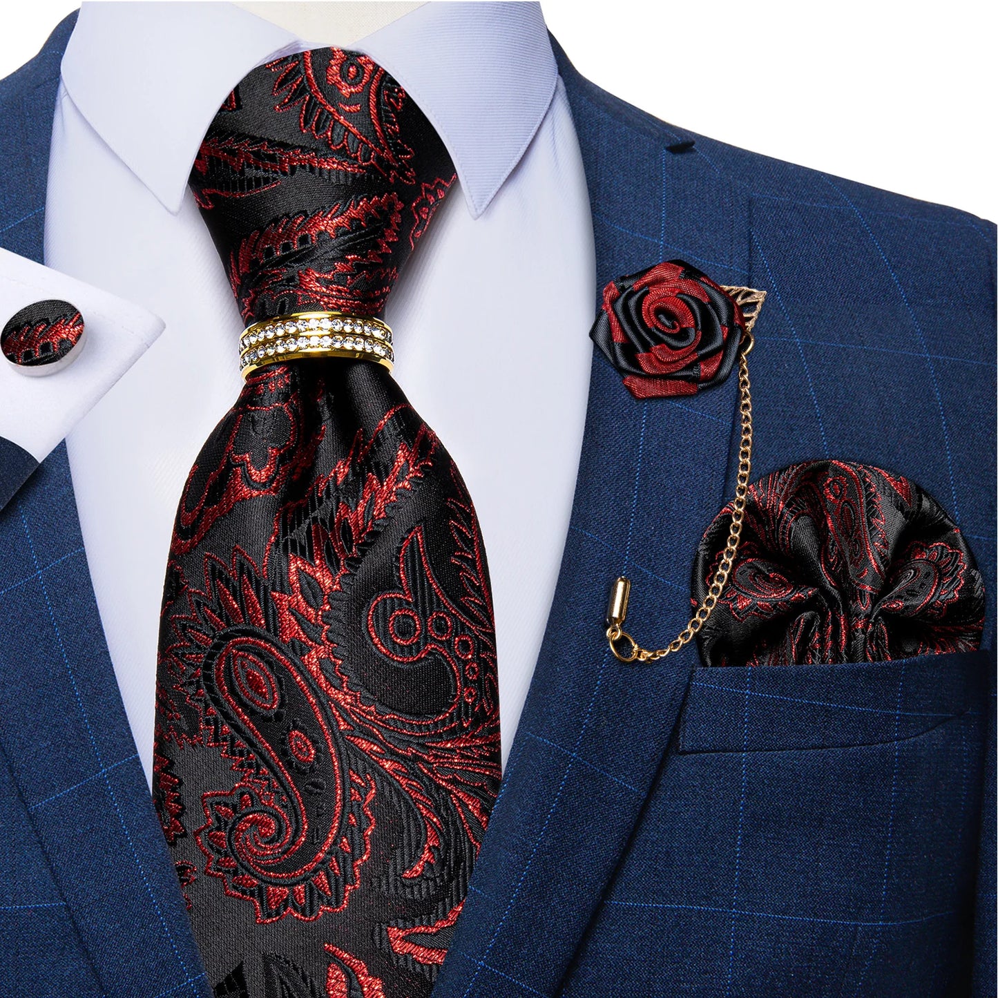 New Designer Blue Red Paisley Ties For Men Wedding Party Neck Tie Luxury Tie Ring Brooch 100% Silk Tie Set Gift For Men DiBanGu