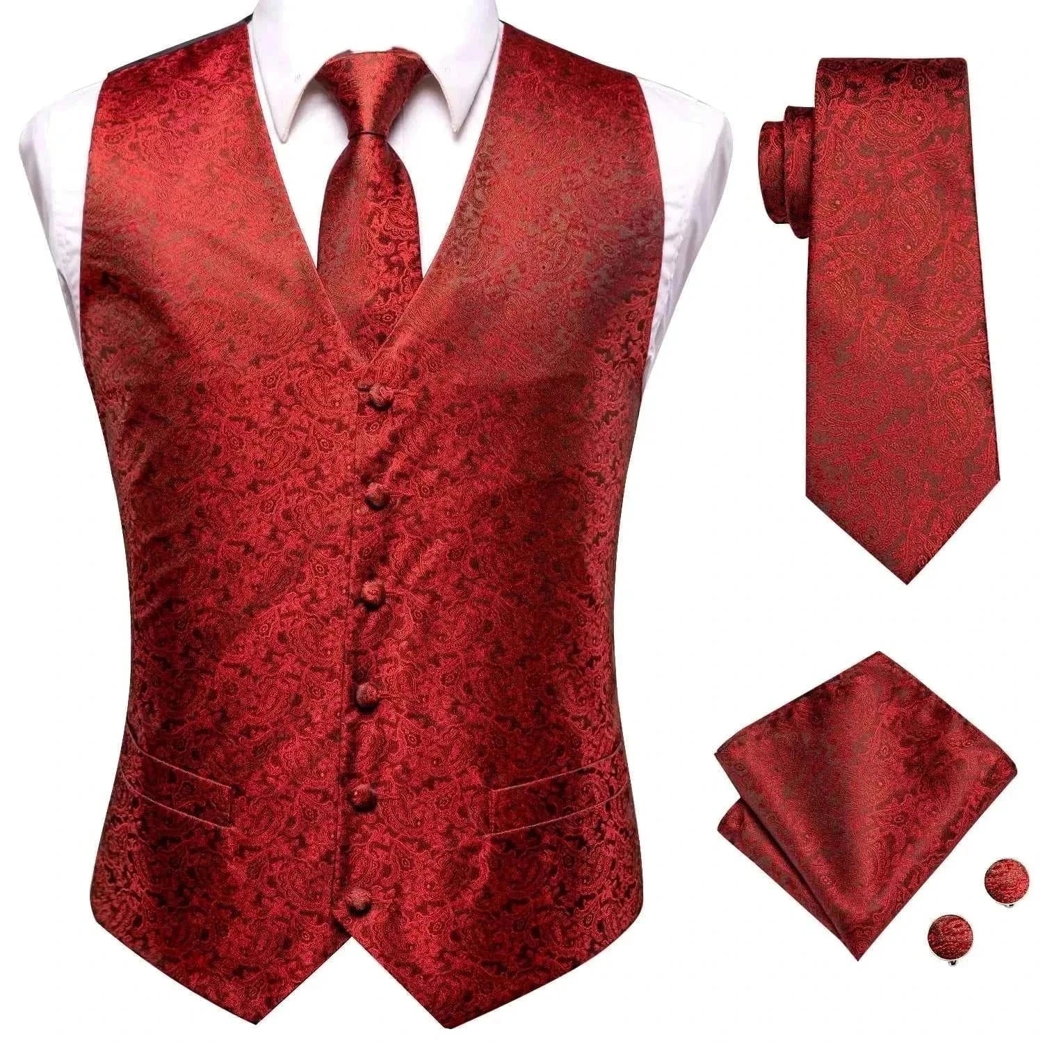 Hi-Tie 20 Color Silk Men's Vests Tie Business Formal Dress Slim Sleeveless Jacket 4PC Hanky Cufflink Blue Paisley Suit Waistcoat