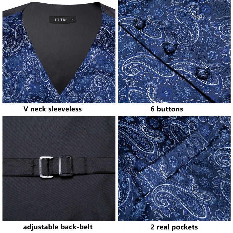 Hi-Tie 20 Color Silk Men's Vests Tie Business Formal Dress Slim Sleeveless Jacket 4PC Hanky Cufflink Blue Paisley Suit Waistcoat