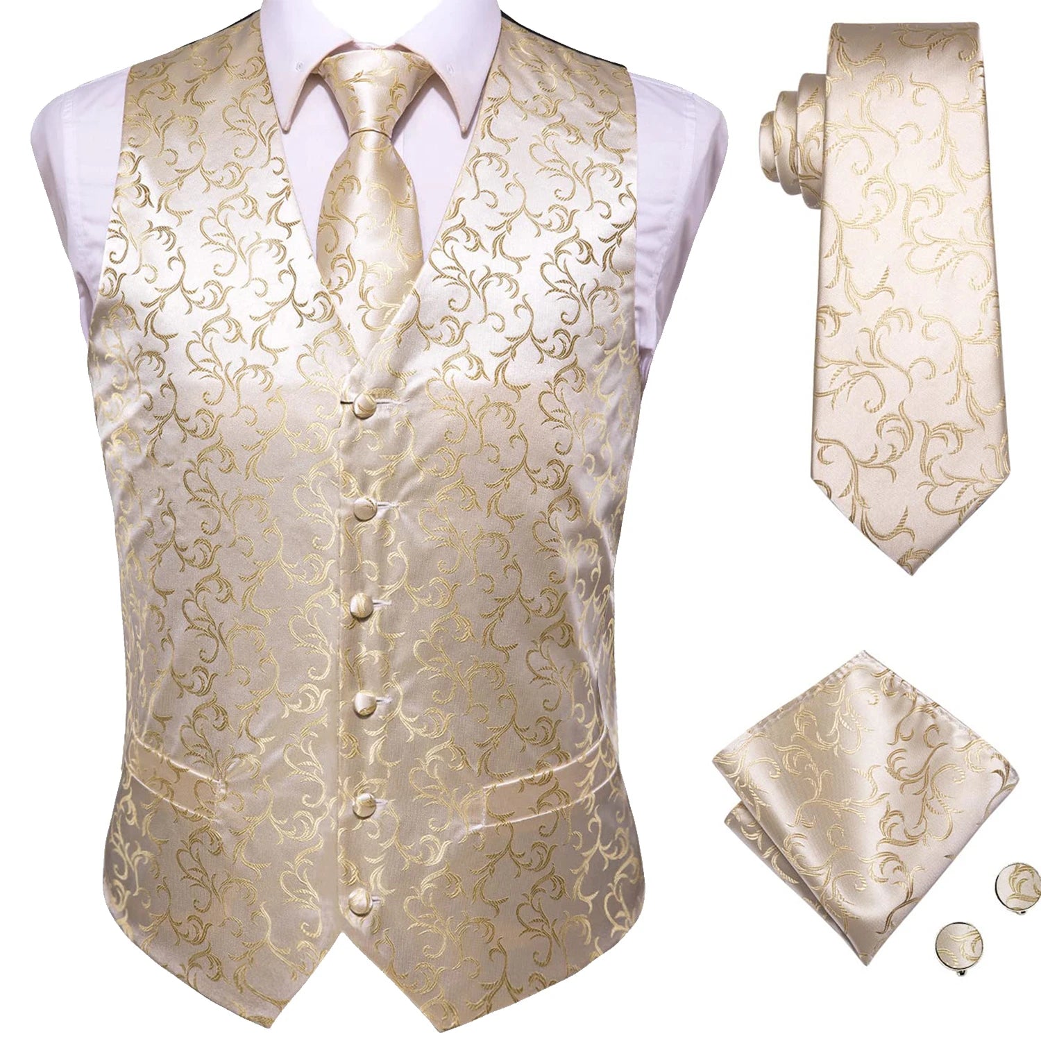 Hi-Tie 20 Color Silk Men's Vests Tie Business Formal Dress Slim Sleeveless Jacket 4PC Hanky Cufflink Blue Paisley Suit Waistcoat