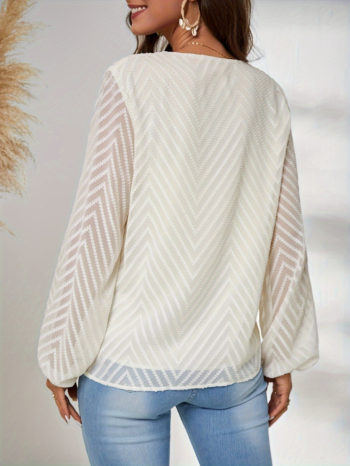 Textured V-Neck Balloon Sleeve Blouse