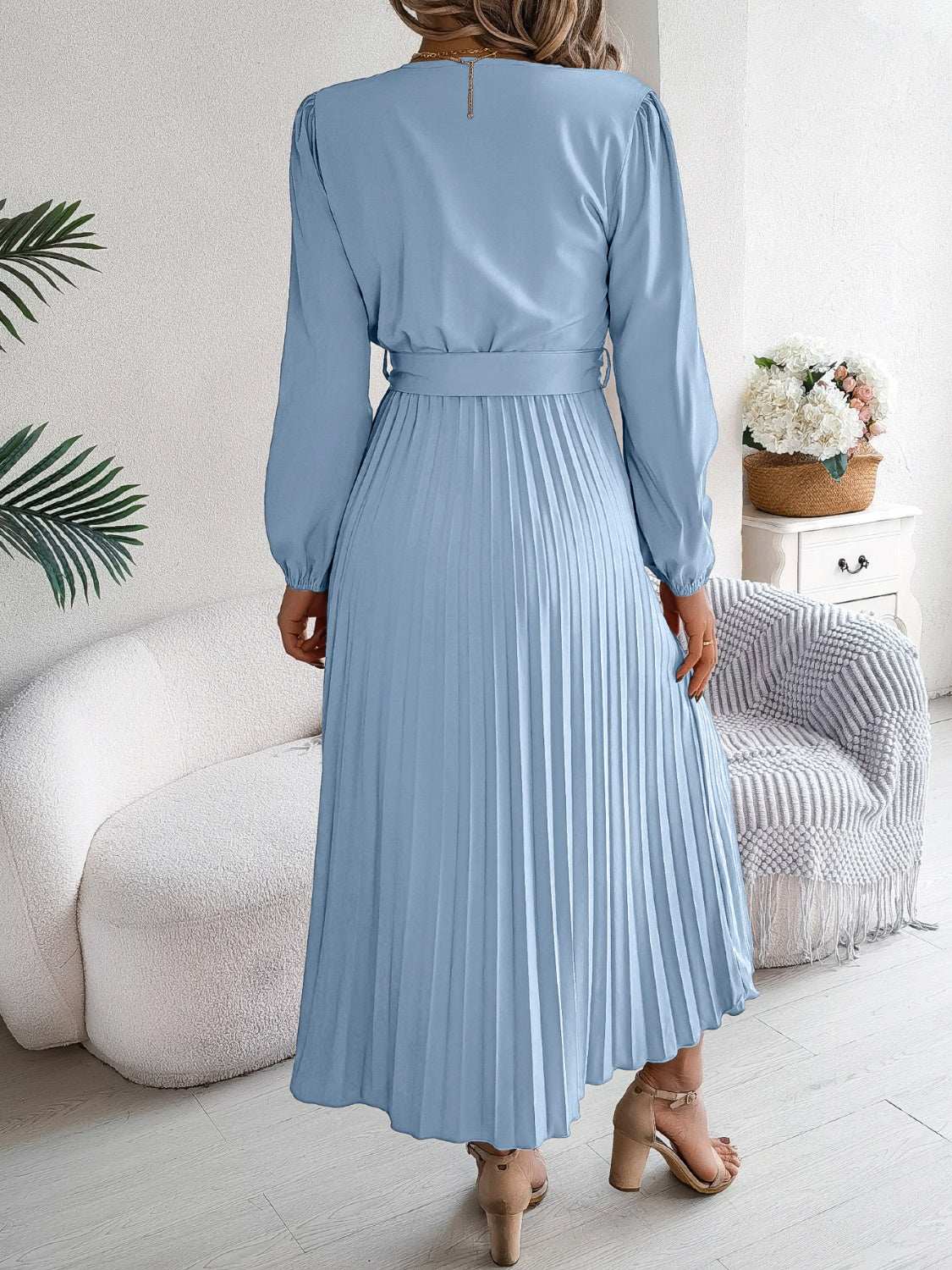 pleated-tied-v-neck-long-sleeve-dress