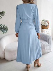 pleated-tied-v-neck-long-sleeve-dress