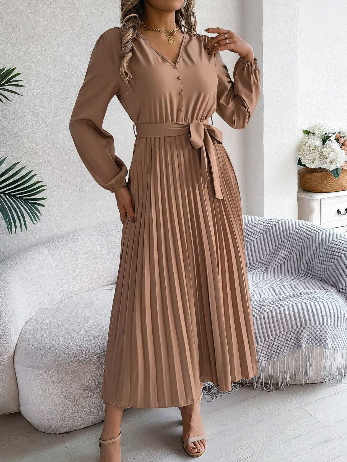 pleated-tied-v-neck-long-sleeve-dress