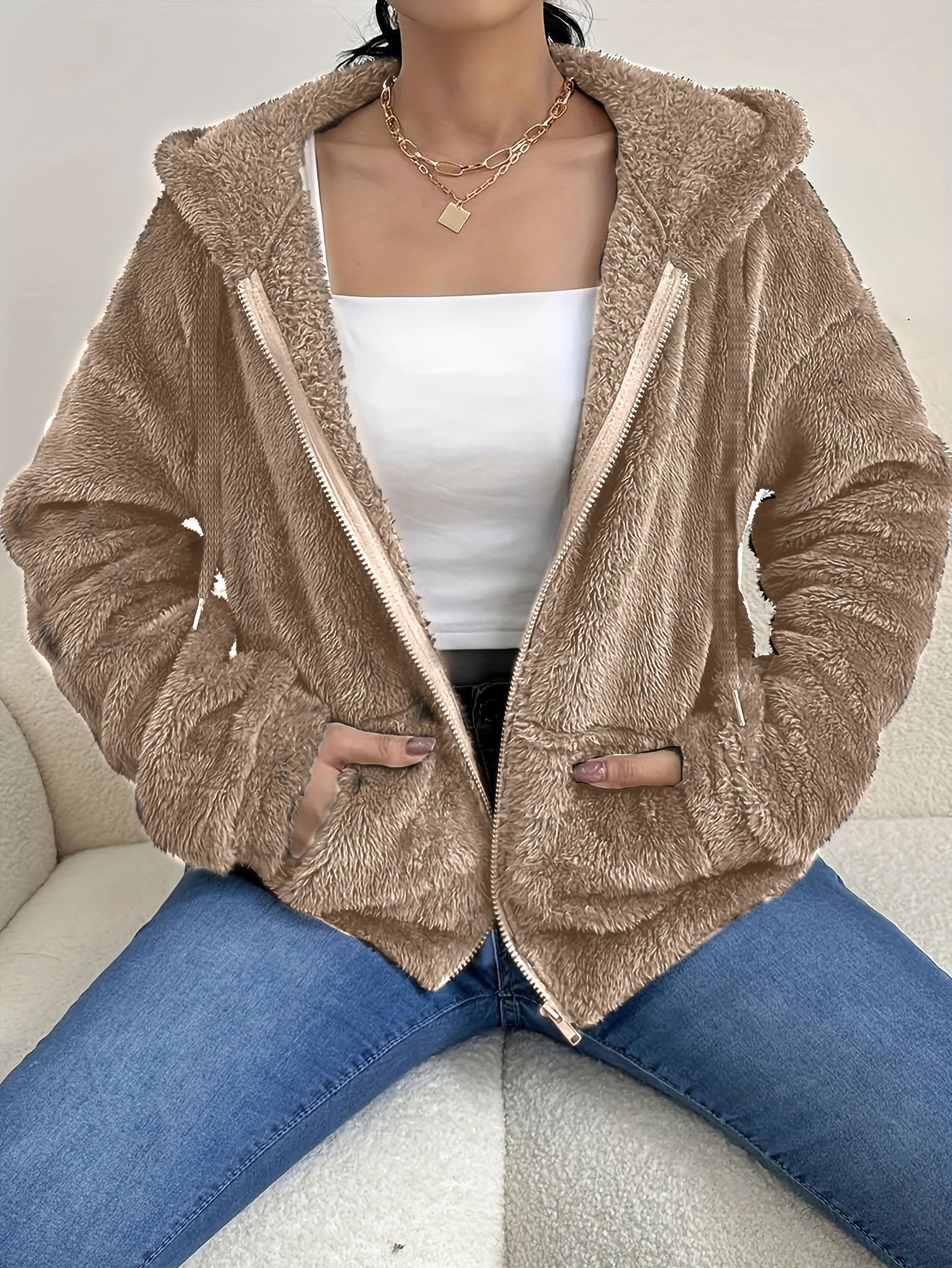 Zipper And Plush Cozy Loose Hoodie