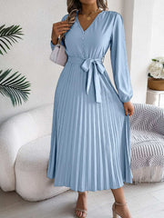 pleated-tied-v-neck-long-sleeve-dress