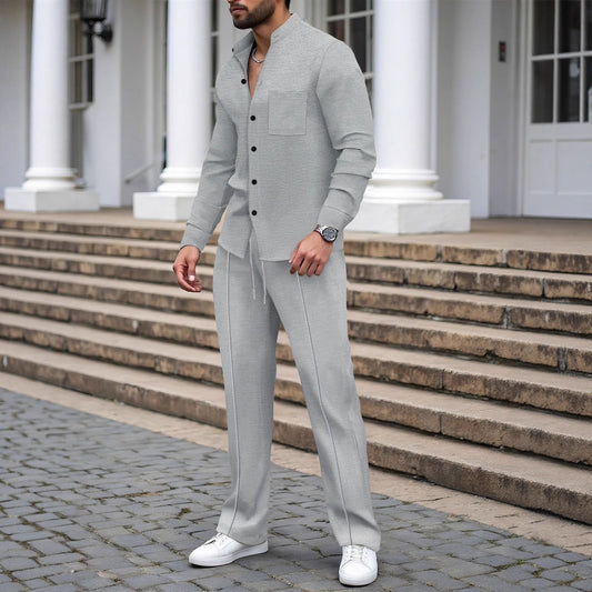 Waffle-Textured Shirt And Pants Casual Set