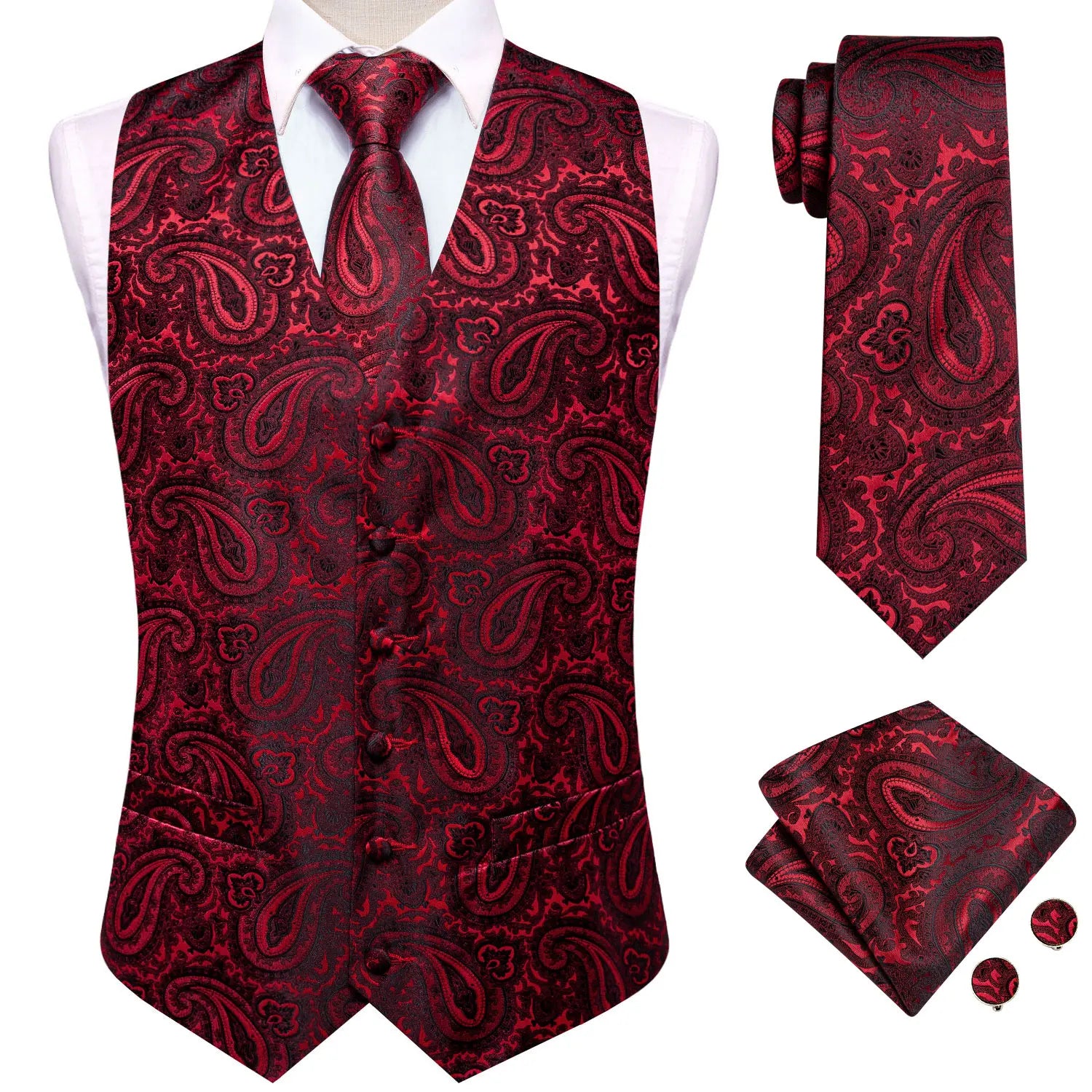 Hi-Tie 20 Color Silk Men's Vests Tie Business Formal Dress Slim Sleeveless Jacket 4PC Hanky Cufflink Blue Paisley Suit Waistcoat