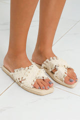 Beige Tassel Woven Crossed Straps Flat Slippers