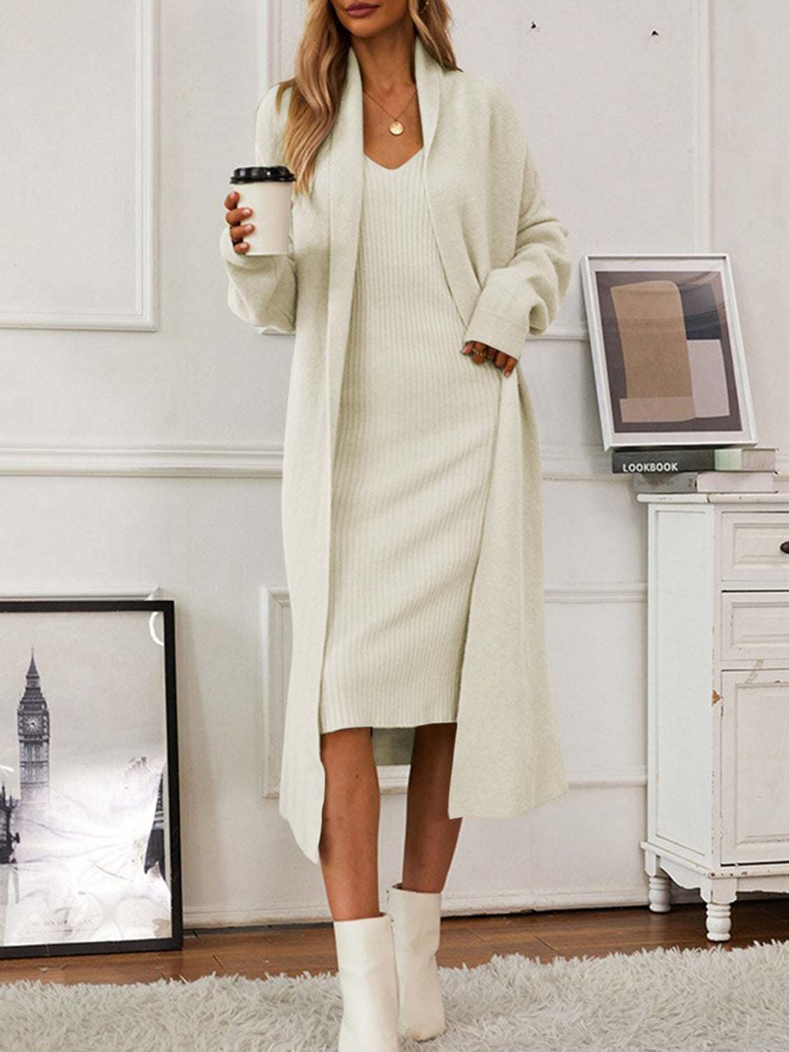 v-neck-cami-dress-and-open-front-cardigan-sweater-set